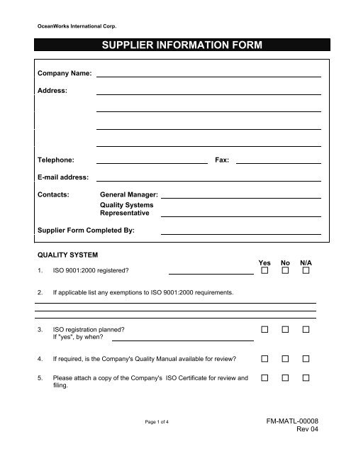 SUPPLIER INFORMATION FORM - OceanWorks International