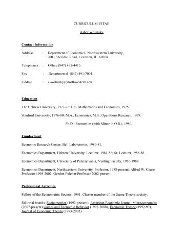 CURRICULUM VITAE Asher Wolinsky Contact Information Address ...