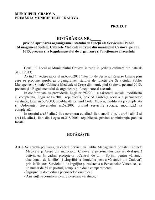 Proiect de hotărâre privind aprobarea ... - Primaria Craiova