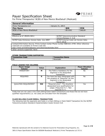 BCBSNM Medicaid D.0 Pharmacy Payer Sheet - Prime Therapeutics