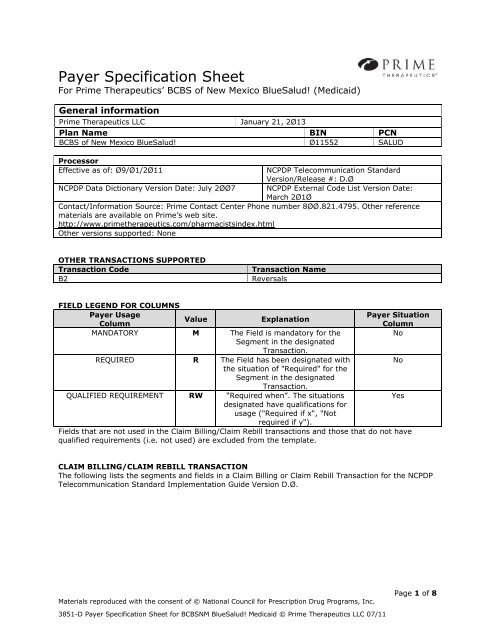 BCBSNM Medicaid D.0 Pharmacy Payer Sheet - Prime Therapeutics