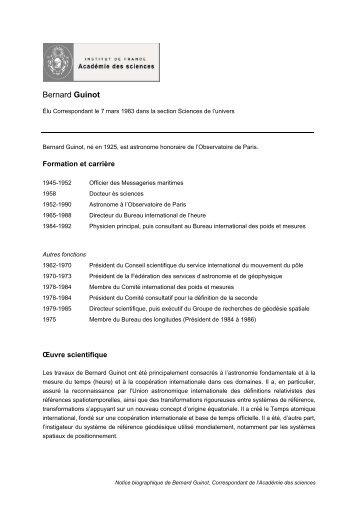 C.V. de Bernard Guinot - Correspondant de l'AcadÃ©mie des sciences