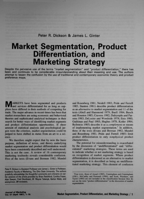 Market Segmentation, Product Differentiation, and Marketing Strategy