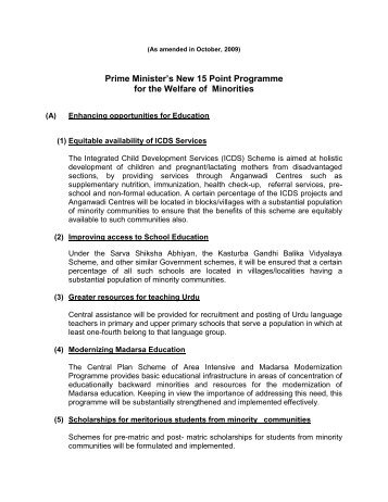 Prime Minister's New 15 Point Programme for the Welfare of Minorities