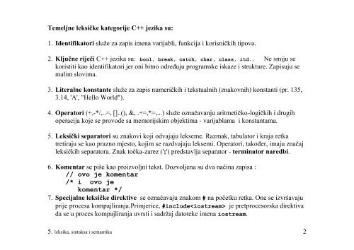 LEKSIKA, SINTAKSA I SEMANTIKA C++ JEZIKA - FESB