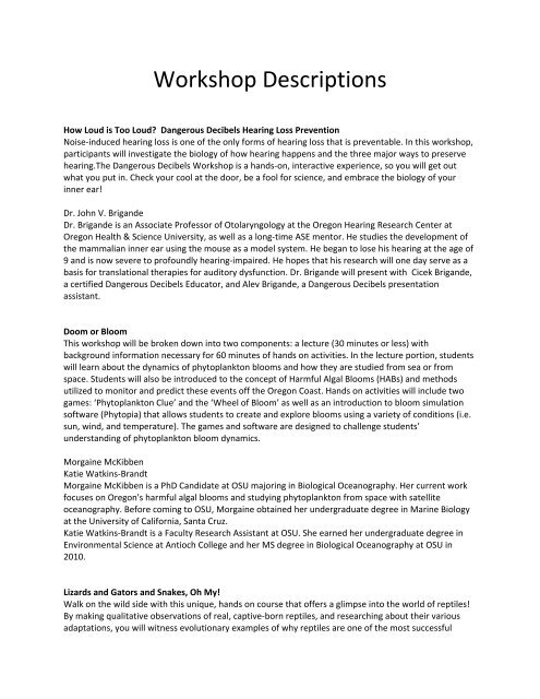 Workshop Descriptions - Saturday Academy