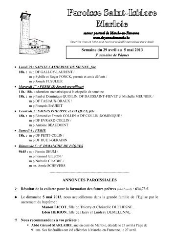 ANNONCES PAROISSIALES Semaine du 29 avril au 5 mai 2013