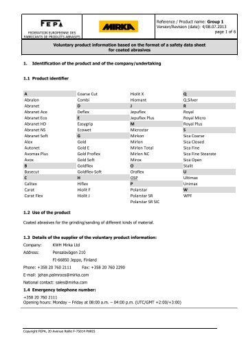 MATERIAL SAFETY DATA SHEET FOR COATED ABRASIVES - Mirka