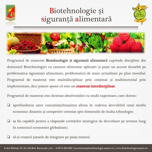 Brosura de prezentare a Facultatii de Biotehnologii - Facultatea de ...