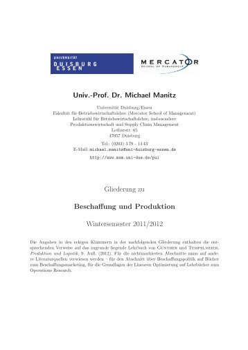 Prof. Dr. Michael Manitz Gliederung zu Beschaffung und Produktion ...