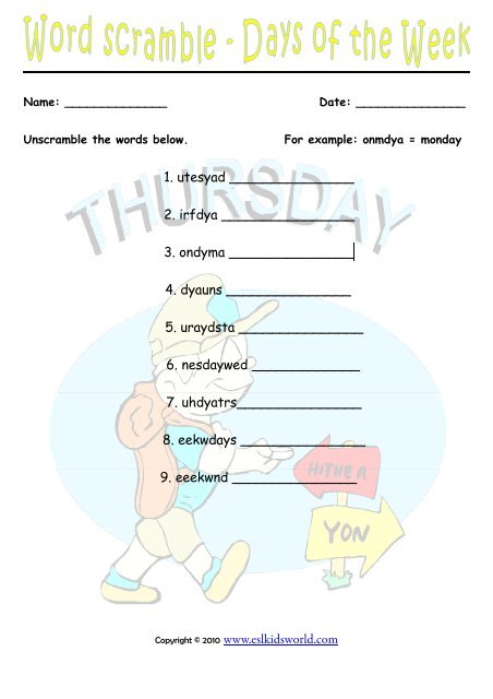 word scramble days of the week - ESL Kids World
