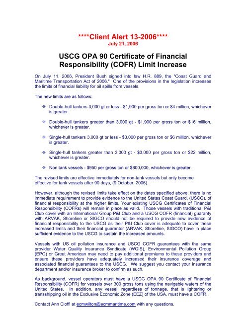 ****Client Alert 13-2006**** USCG OPA 90 Certificate of ... - Skuld