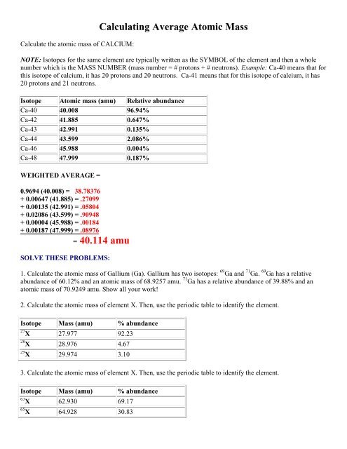 calculating average atomic mass worksheet calculating average atomic mass worksheet
