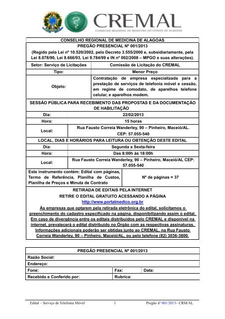 edital de licitação pregão presencial nº. 001/2013 - Conselho ...