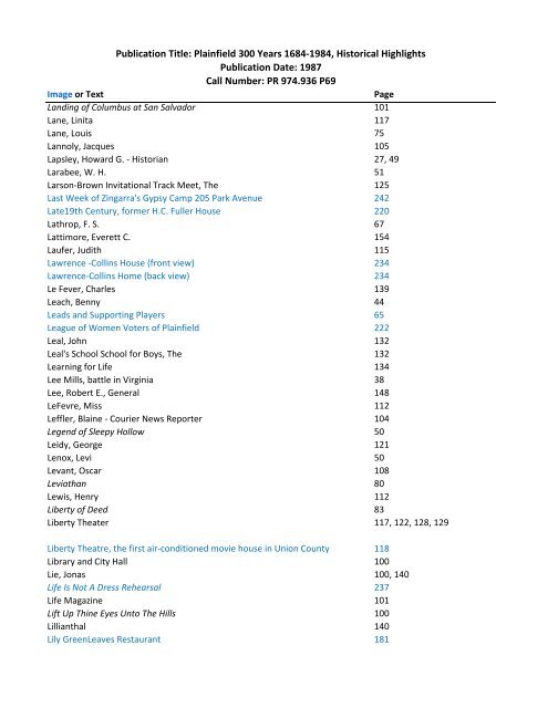 search index - Plainfield Public Library