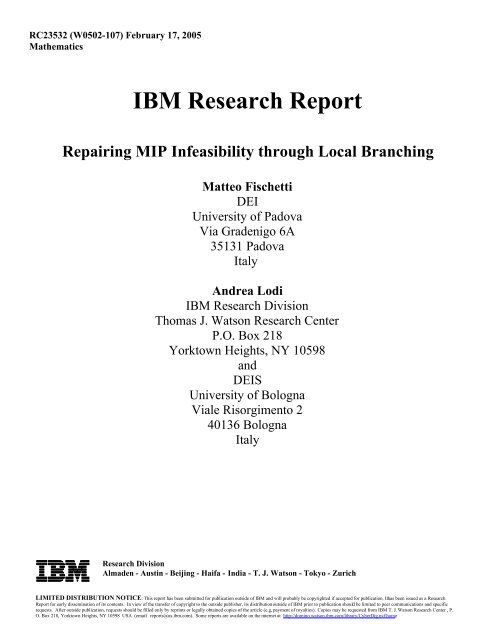 IBM Research Report Repairing MIP Infeasibility through Local ...