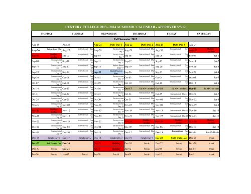 Academic Calendar 2013-2014 - Approved May 3 - Century College