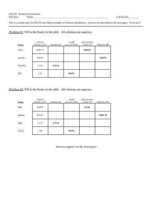 Solution Calculations Worksheet