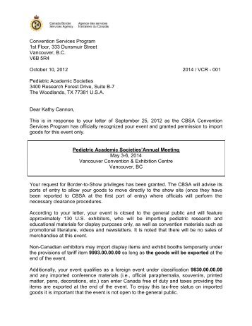 Letter from the Canada Border Services Agency - Pediatric ...