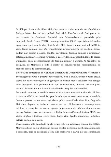 ComissÃ£o Especial sobre a pesquisa das CÃ©lulas-Tronco