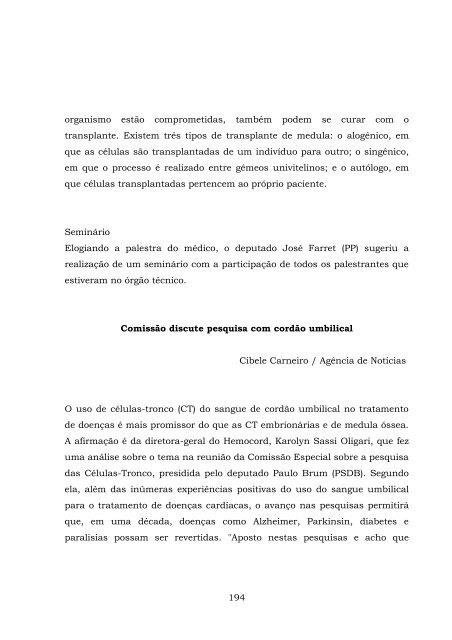 ComissÃ£o Especial sobre a pesquisa das CÃ©lulas-Tronco