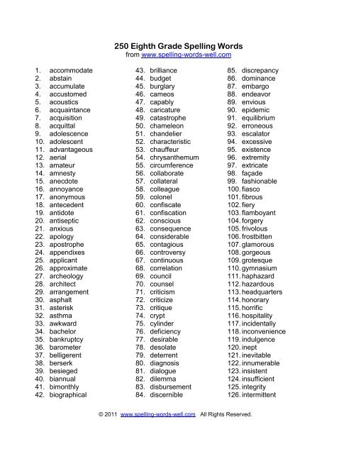 8th Grade Spelling List Printable