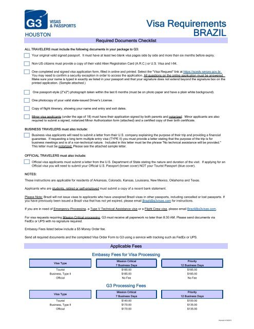 BRAZIL Visa Requirements - G3 Visas & Passports