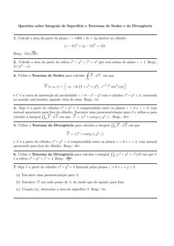 QuestÃµes sobre Integrais de Superficie e Teoremas de Stokes e da ...