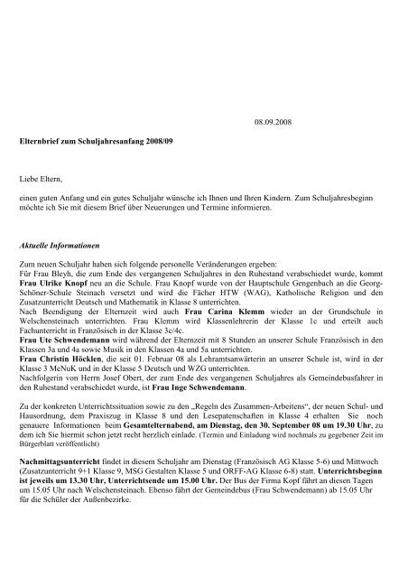 08.09.2008 Elternbrief zum Schuljahresanfang 2008/09 Liebe Eltern ...