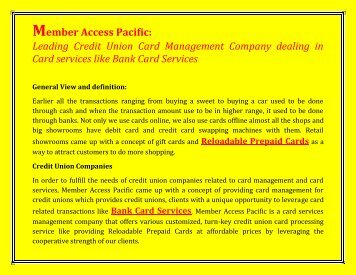 Member Access Pacific: Leading Credit Union Card Management Company dealing in Card services like Bank Card Services
