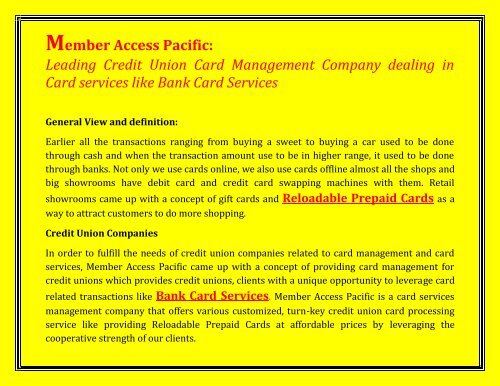 Member Access Pacific: Leading Credit Union Card Management Company dealing in Card services like Bank Card Services