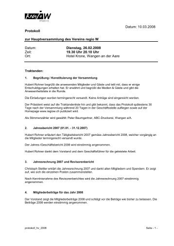 Protokoll HV 2008 - regioW