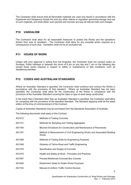 specification for subdivision construction of road works and drainage