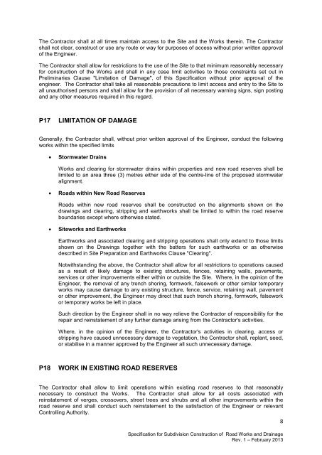 specification for subdivision construction of road works and drainage