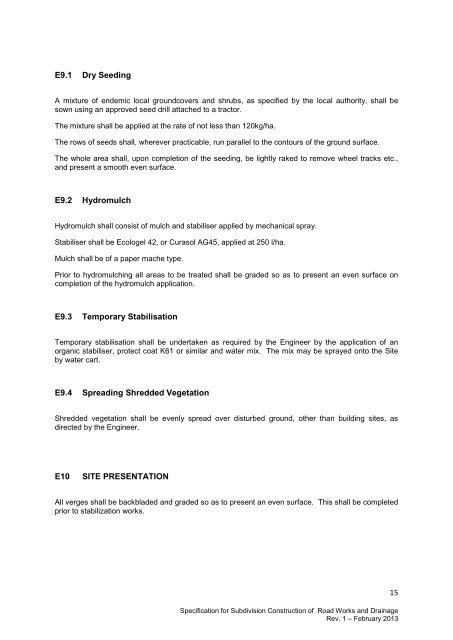 specification for subdivision construction of road works and drainage