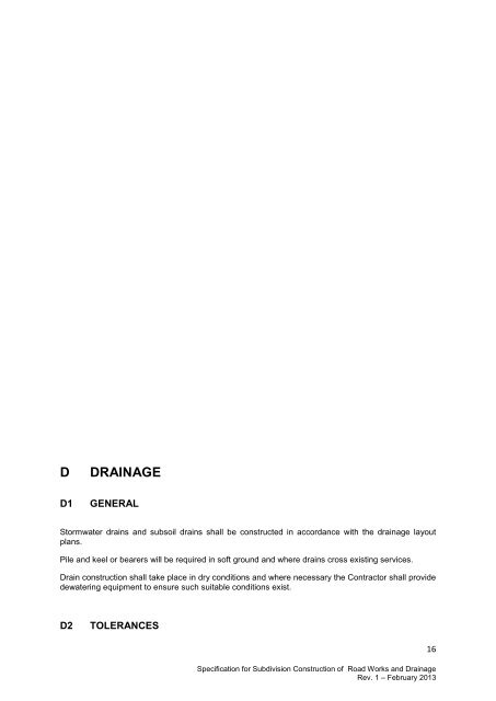 specification for subdivision construction of road works and drainage