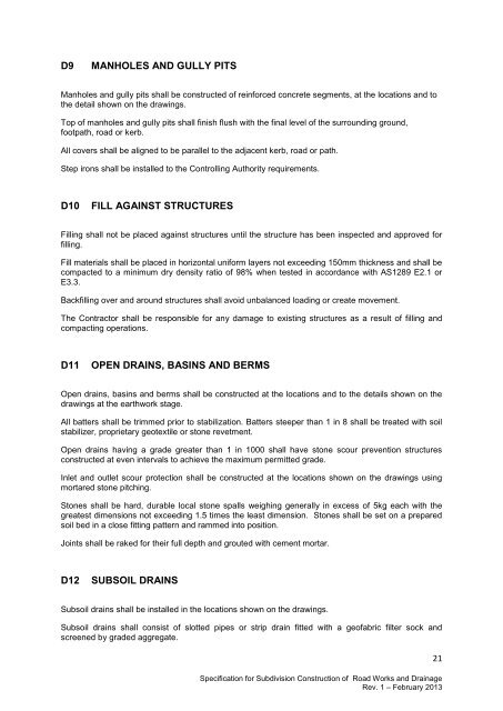 specification for subdivision construction of road works and drainage