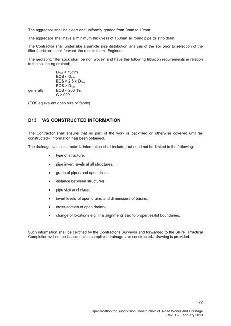 specification for subdivision construction of road works and drainage