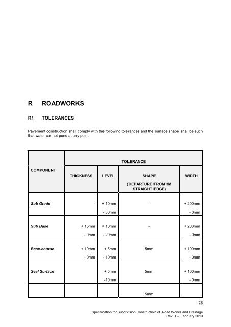 specification for subdivision construction of road works and drainage