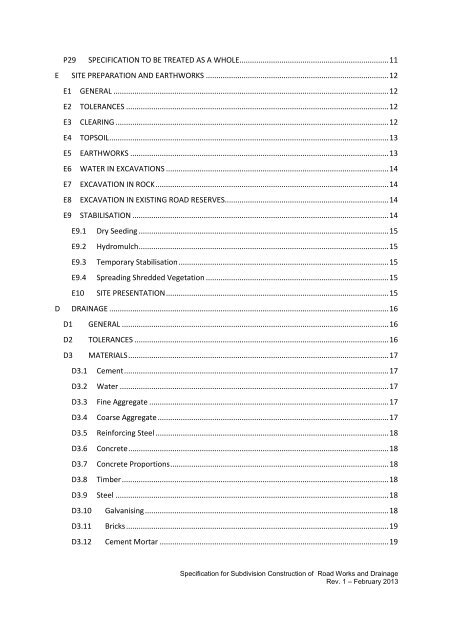 specification for subdivision construction of road works and drainage