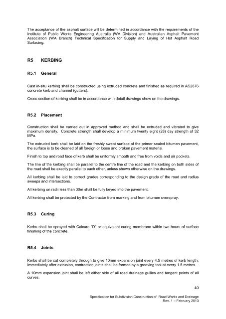 specification for subdivision construction of road works and drainage