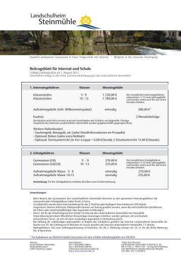 Beitragsblatt fÃ¼r Internat und Schule - SteinmÃ¼hle