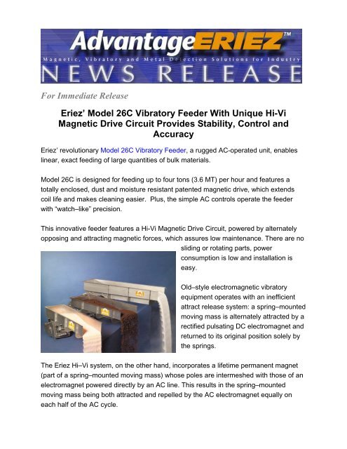 Eriez Model 26c Vibratory Feeder With Unique Hi Vi Zycon
