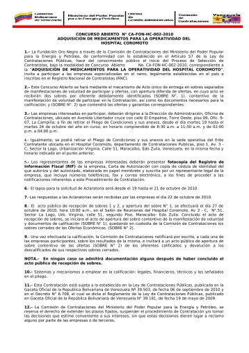 CONCURSO ABIERTO N° CA-FON-HC-002-2010 ADQUISICIÓN ...