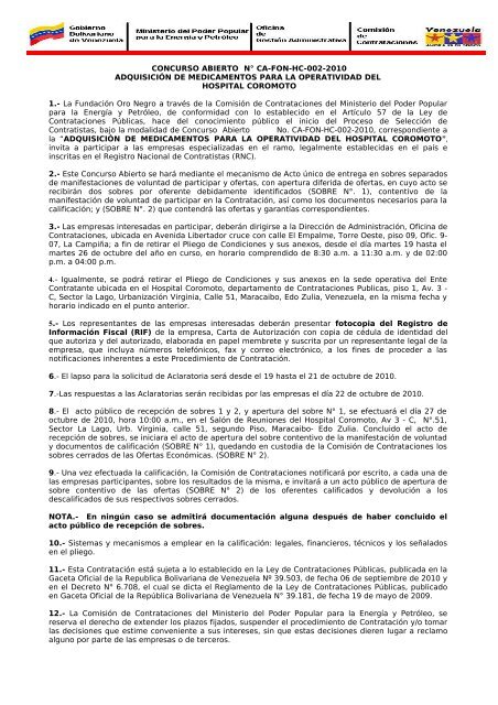 CONCURSO ABIERTO N° CA-FON-HC-002-2010 ADQUISICIÓN ...