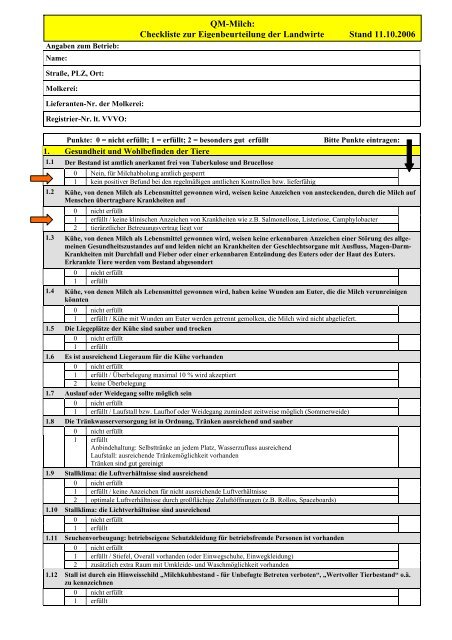 QM-Milch Kriterienkatalog