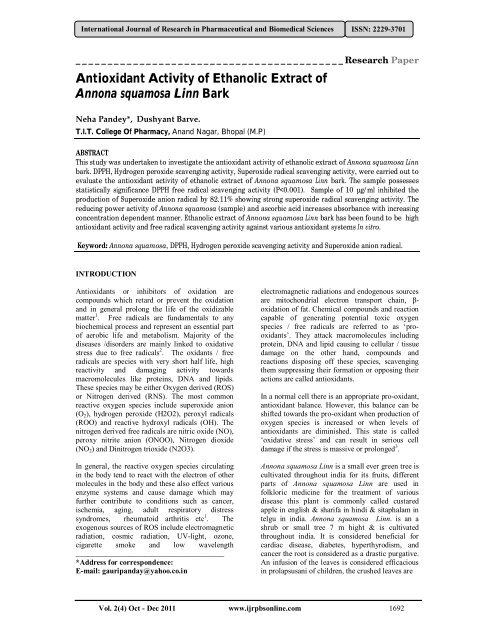 Antioxidant Activity of Ethanolic Extract of Annona squamosa Linn Bark