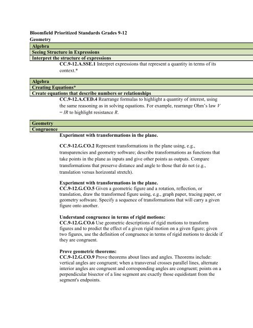 Bloomfield Prioritized Standards Grades 9 12 Geometry