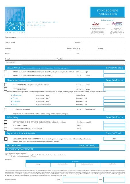 STAND BOOKING Application form - IFW Expo