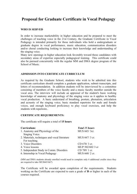 Proposal for Certificate in Vocal Pedagogy - University of Kentucky